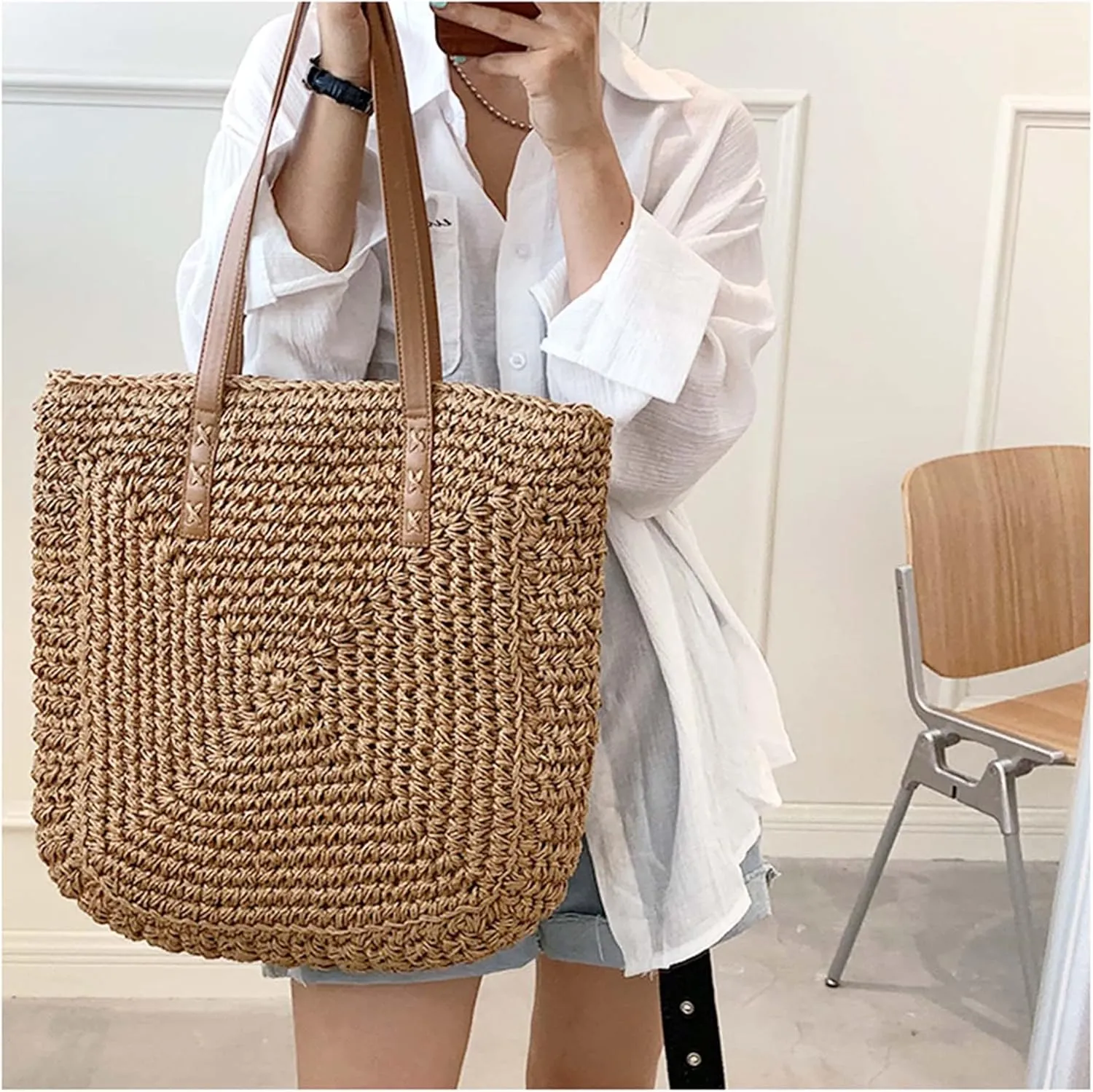 Straw Beach Bags for Women Summer Beach Tote Bag With Zipper Large Soft Woven Straw Shoulder Summer Vacation Purse