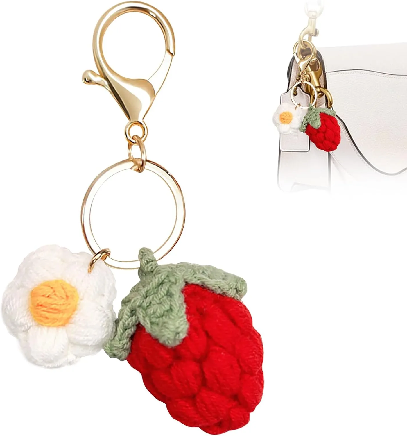 Strawberry Keychain Crochet Keychain Handmade Weaving Cute Strawberry Flower Keychains Gift for Car keys Bag Wallet Purse Women Girls Bag Charms Bag Pendant Hand Crocheted Key Chain Cute Purse Charms
