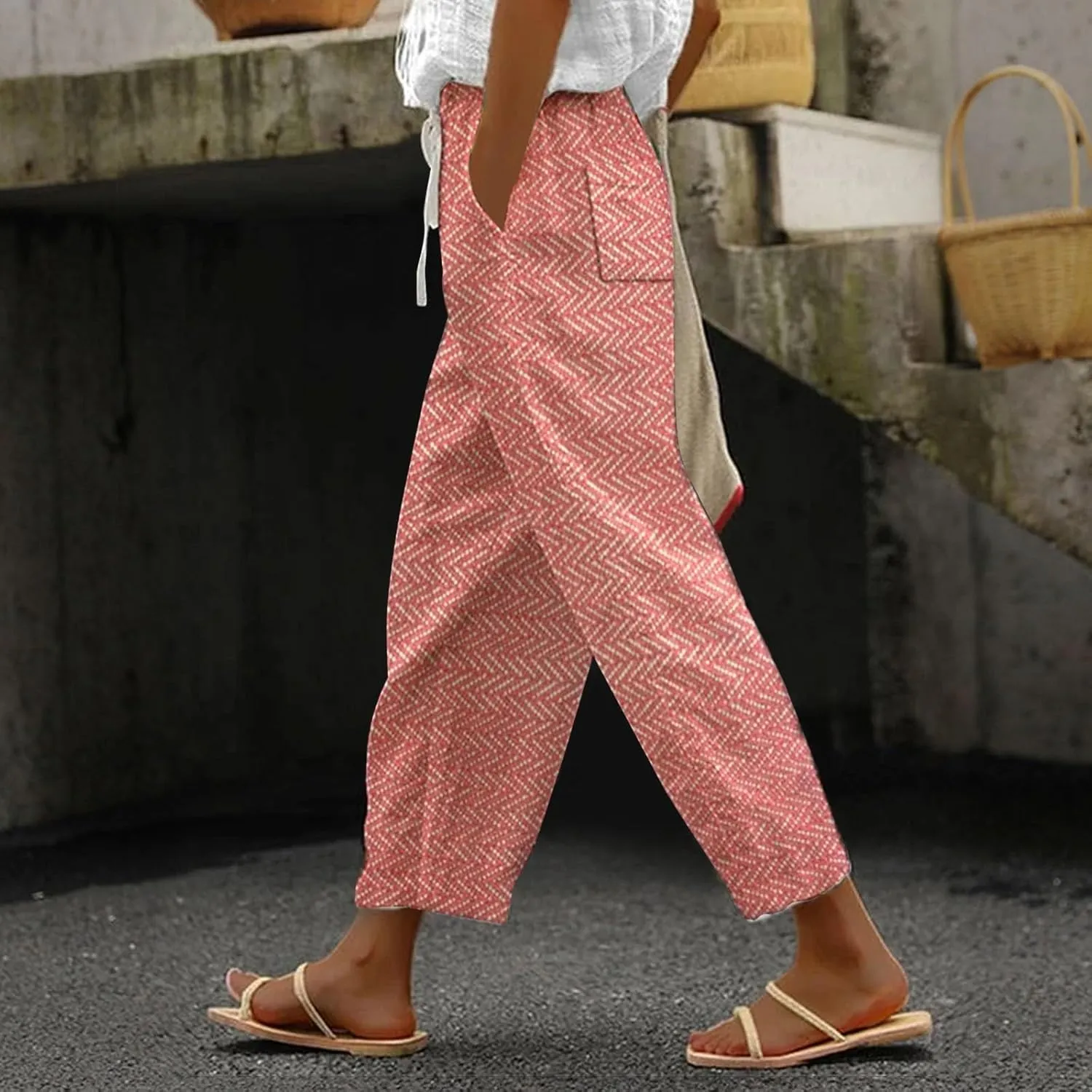 Striped Linen Capris Women Casual Drawstring Pants Striped Linen Capris Women Linen Pants Women Capri Linen