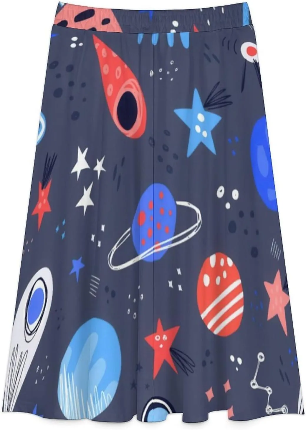 Stylish Universe Space Print Midi Skirt High Elastic Waist Ruffle Flowy Beach Skirt