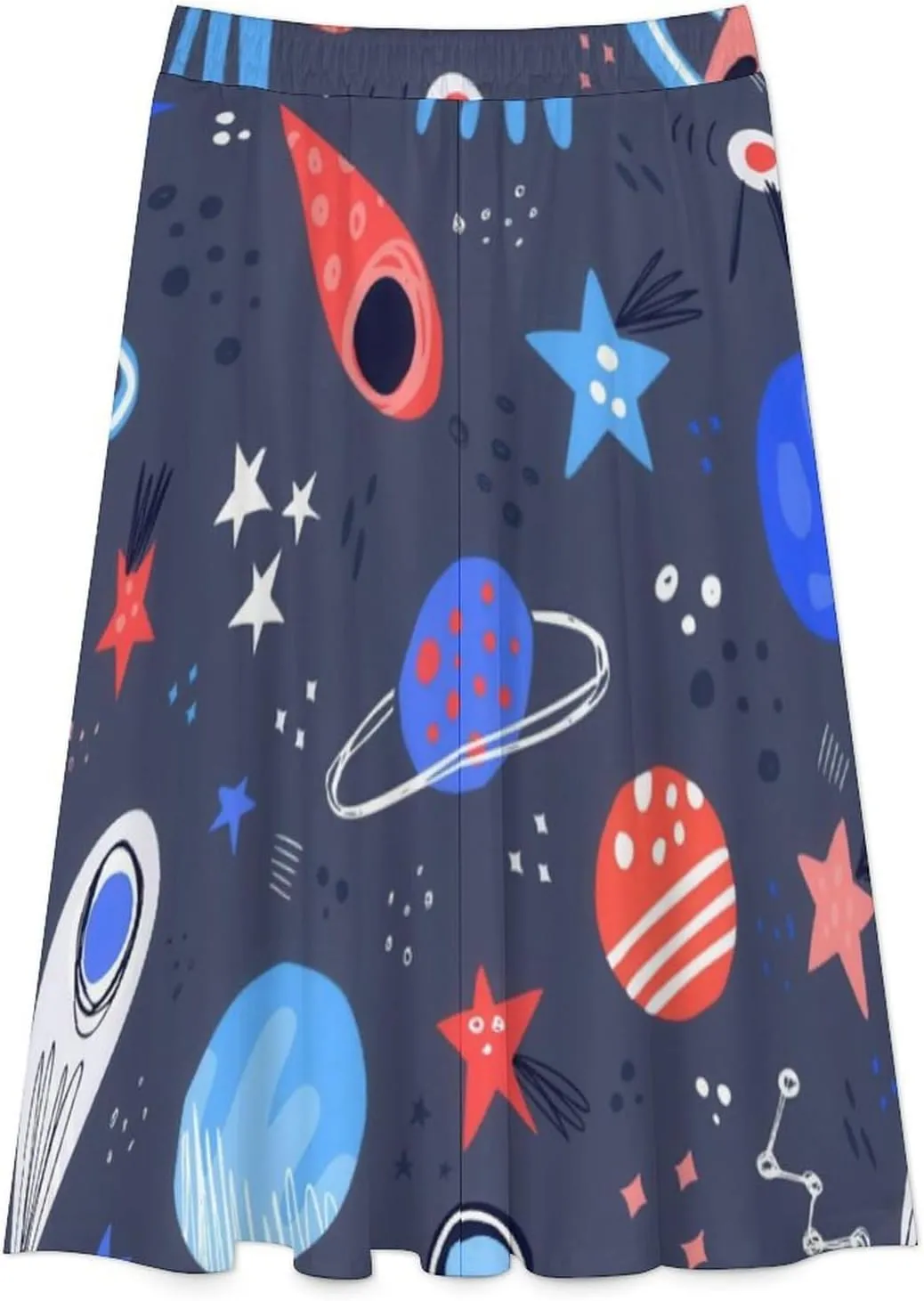 Stylish Universe Space Print Midi Skirt High Elastic Waist Ruffle Flowy Beach Skirt
