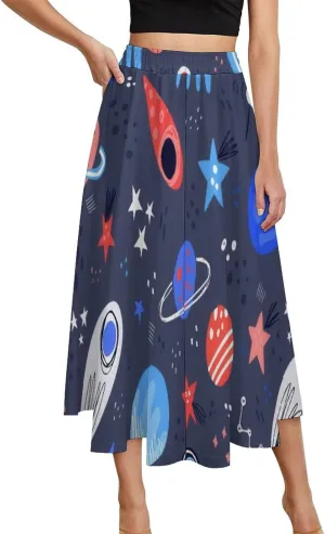 Stylish Universe Space Print Midi Skirt High Elastic Waist Ruffle Flowy Beach Skirt