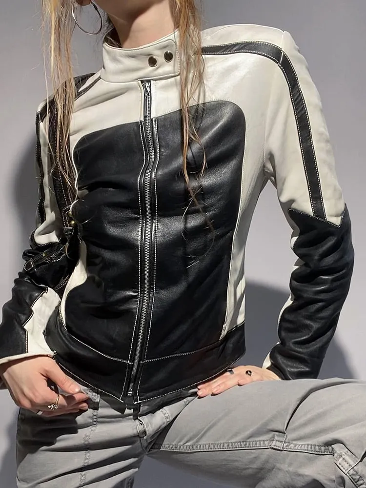 SUCHCUTE Korean Street Contrast Black White Print Leather Jackets Motorcycle O Neck PU Coats Zip Up Moto &amp; Biker Women Tops 