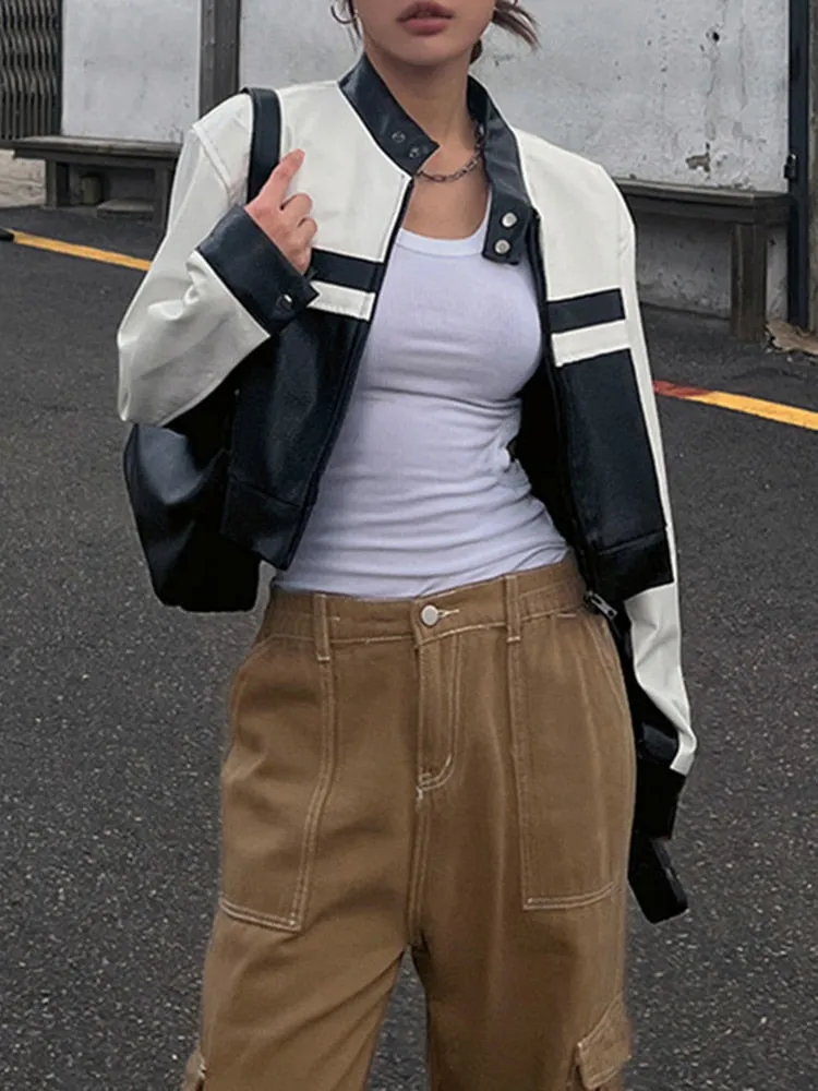 SUCHCUTE Korean Street Contrast Black White Print Leather Jackets Motorcycle O Neck PU Coats Zip Up Moto &amp; Biker Women Tops 