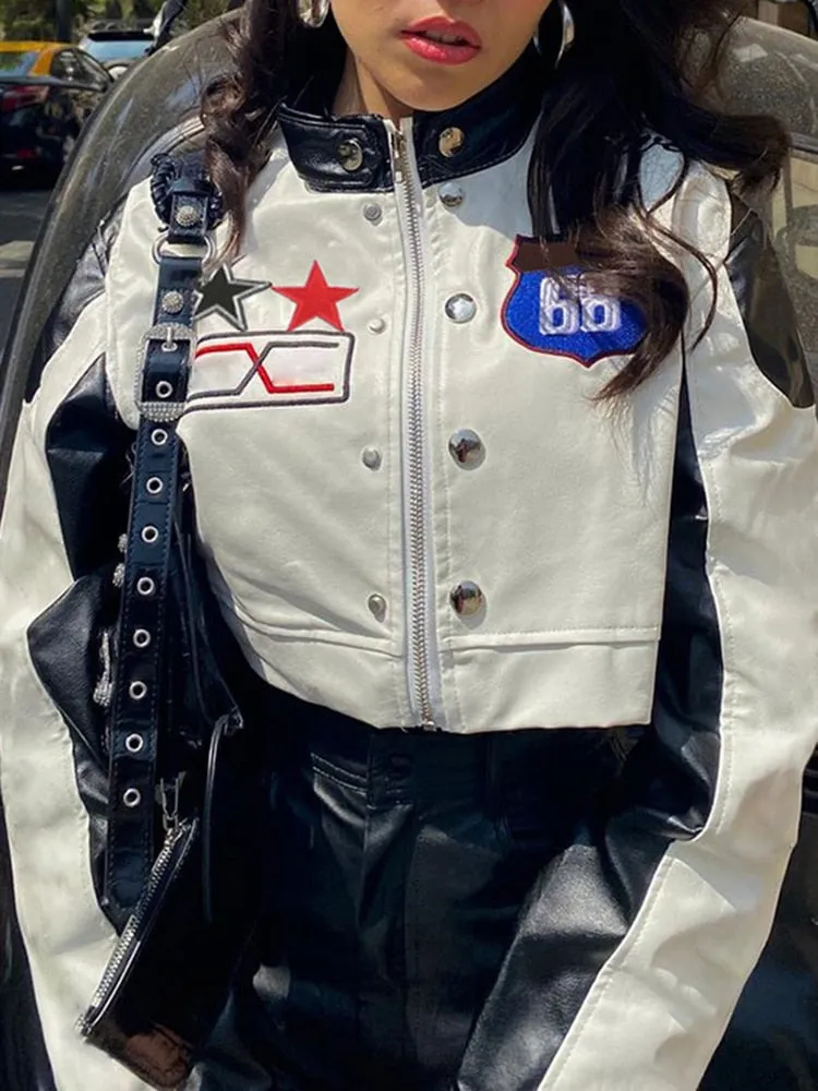 SUCHCUTE Korean Street Contrast Black White Print Leather Jackets Motorcycle O Neck PU Coats Zip Up Moto &amp; Biker Women Tops 