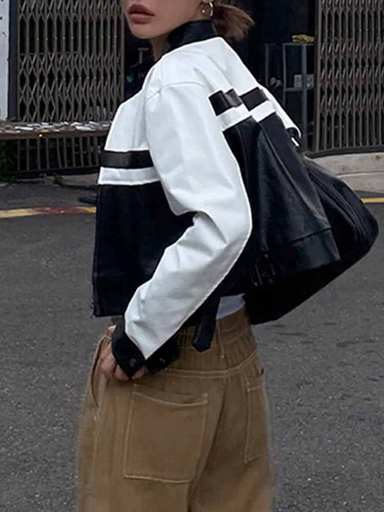 SUCHCUTE Korean Street Contrast Black White Print Leather Jackets Motorcycle O Neck PU Coats Zip Up Moto &amp; Biker Women Tops 