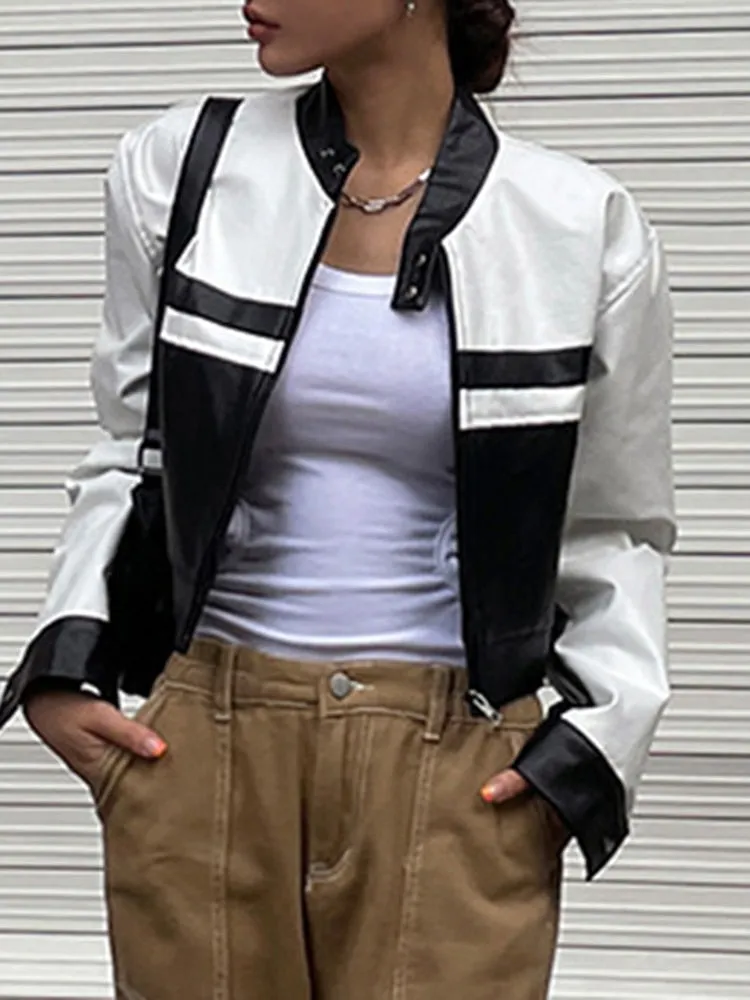 SUCHCUTE Korean Street Contrast Black White Print Leather Jackets Motorcycle O Neck PU Coats Zip Up Moto &amp; Biker Women Tops 