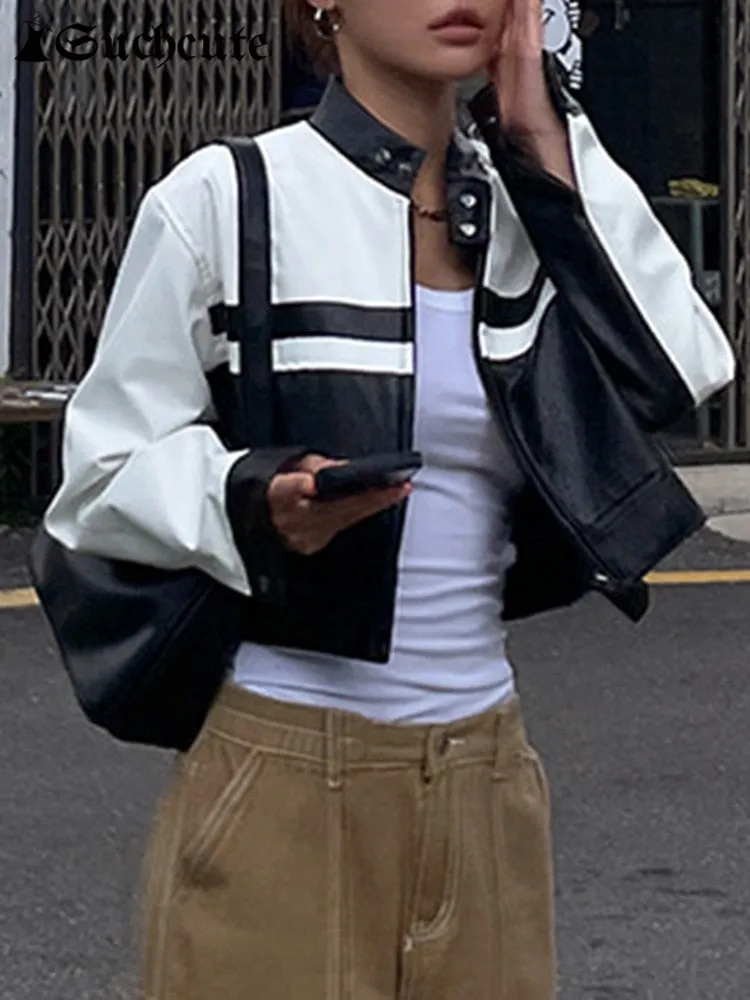SUCHCUTE Korean Street Contrast Black White Print Leather Jackets Motorcycle O Neck PU Coats Zip Up Moto &amp; Biker Women Tops 