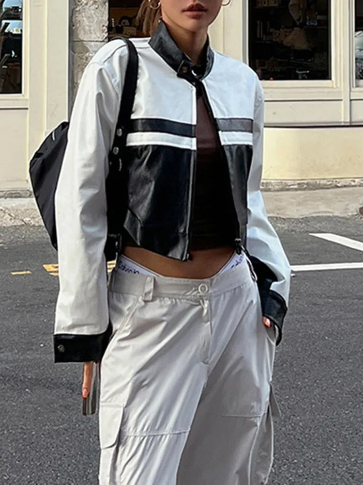 SUCHCUTE Korean Street Contrast Black White Print Leather Jackets Motorcycle O Neck PU Coats Zip Up Moto &amp; Biker Women Tops 