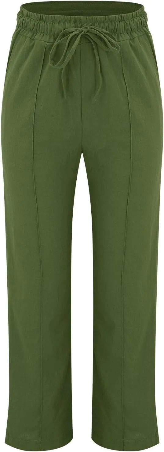 Summer Linen Pants for Women 2025 Casual Drawstring High Waisted Linen Pants Beach Wide Leg Trousers with Pockets