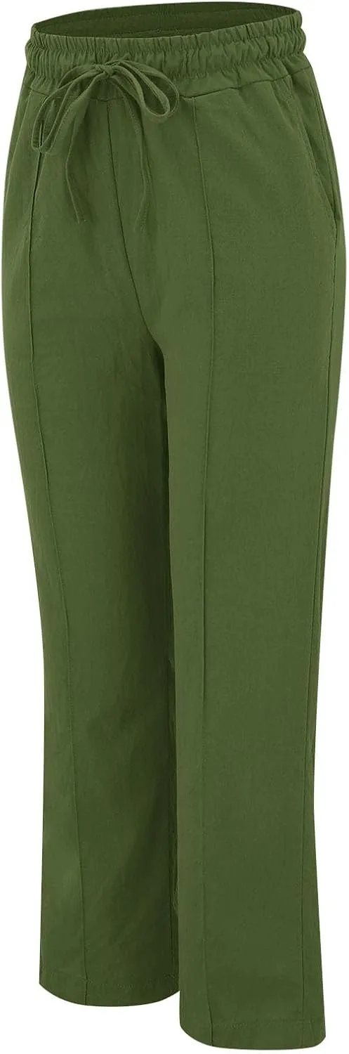 Summer Linen Pants for Women 2025 Casual Drawstring High Waisted Linen Pants Beach Wide Leg Trousers with Pockets