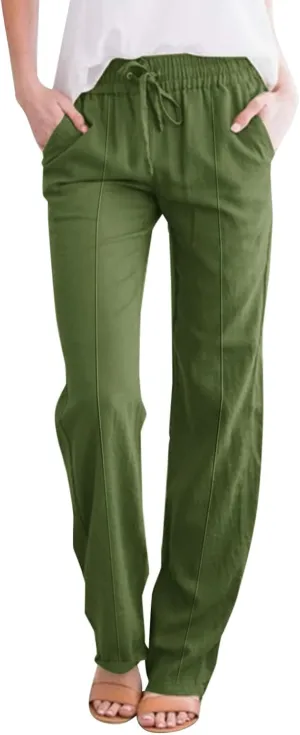 Summer Linen Pants for Women 2025 Casual Drawstring High Waisted Linen Pants Beach Wide Leg Trousers with Pockets