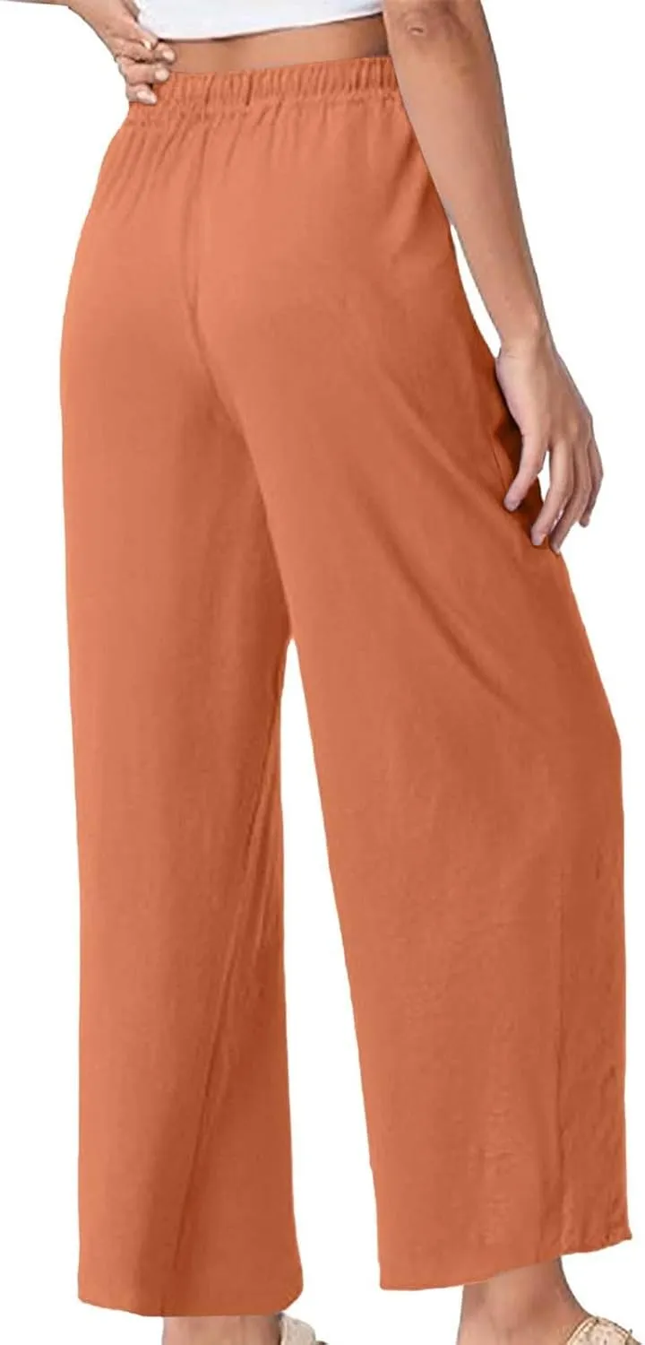 Summer Linen Pants for Women Wide Leg Palazzo Flowy Pants Casual Loose High Waisted Drawstring Solid Lounge Trousers