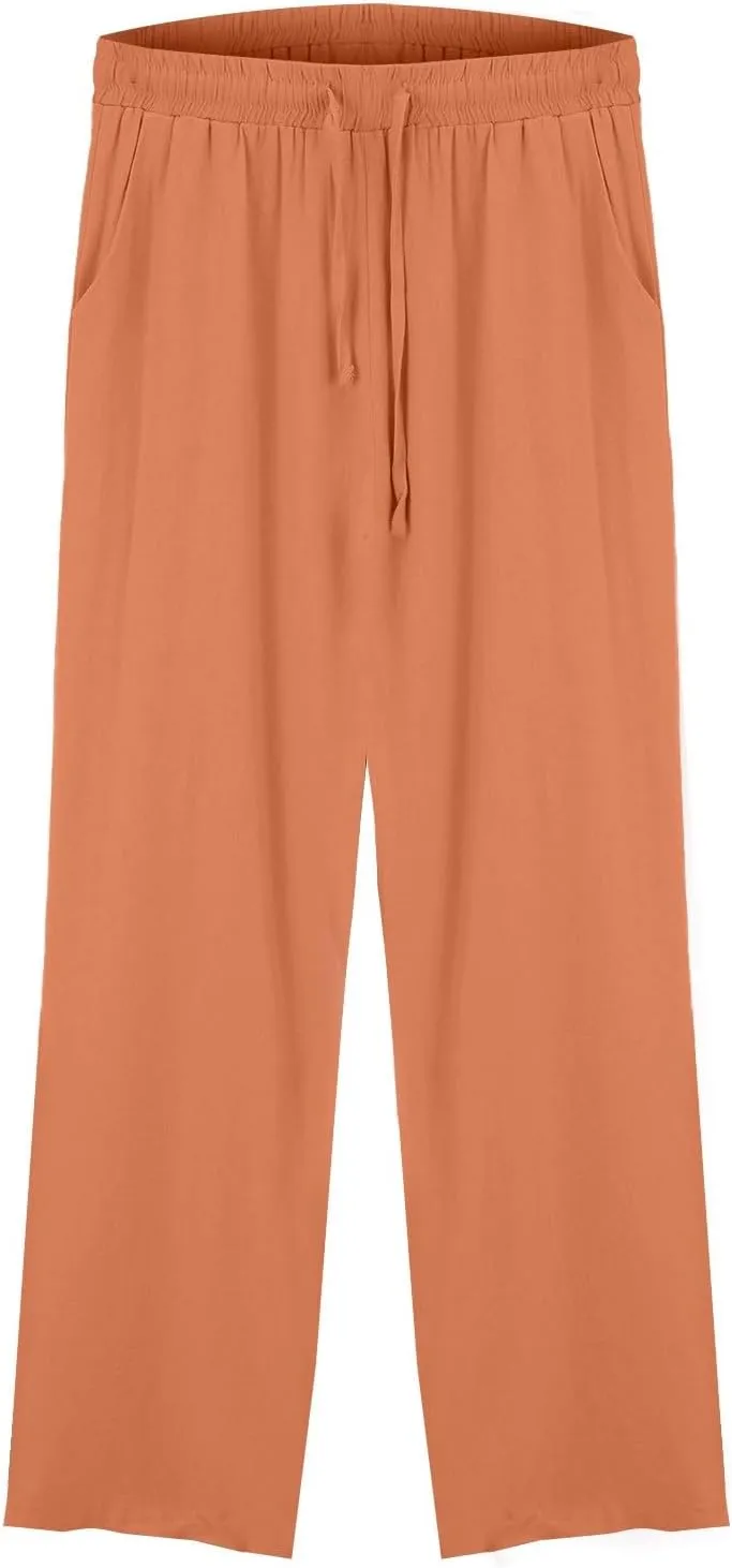 Summer Linen Pants for Women Wide Leg Palazzo Flowy Pants Casual Loose High Waisted Drawstring Solid Lounge Trousers