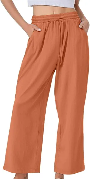 Summer Linen Pants for Women Wide Leg Palazzo Flowy Pants Casual Loose High Waisted Drawstring Solid Lounge Trousers
