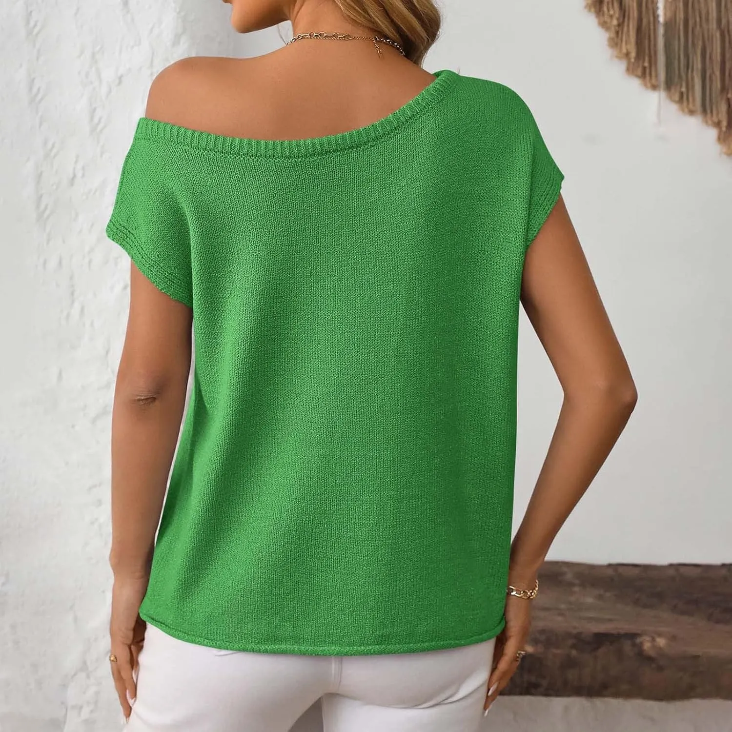 Summer Sweaters for Women Lightweight Off The Shoulder Sweater Short Sleeve Casual Oversized Knit Tops Clothes