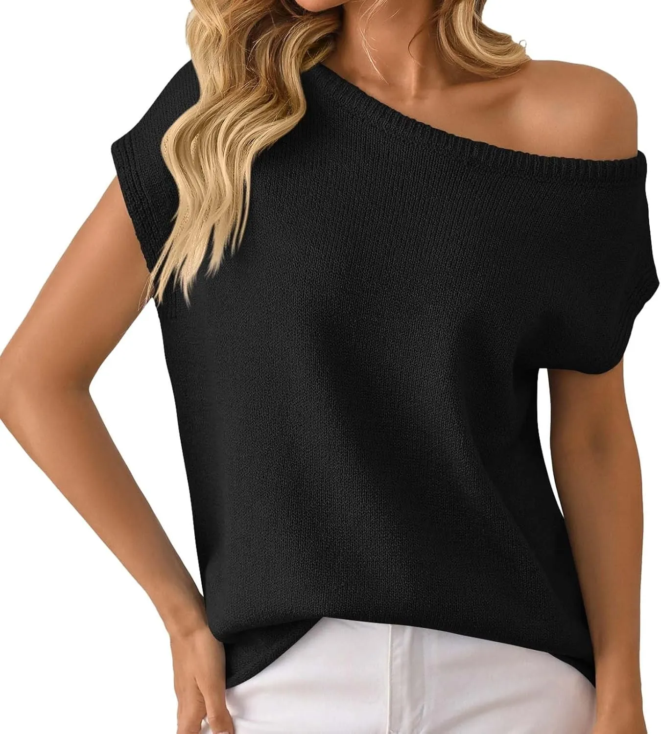 Summer Sweaters for Women Lightweight Off The Shoulder Sweater Short Sleeve Casual Oversized Knit Tops Clothes