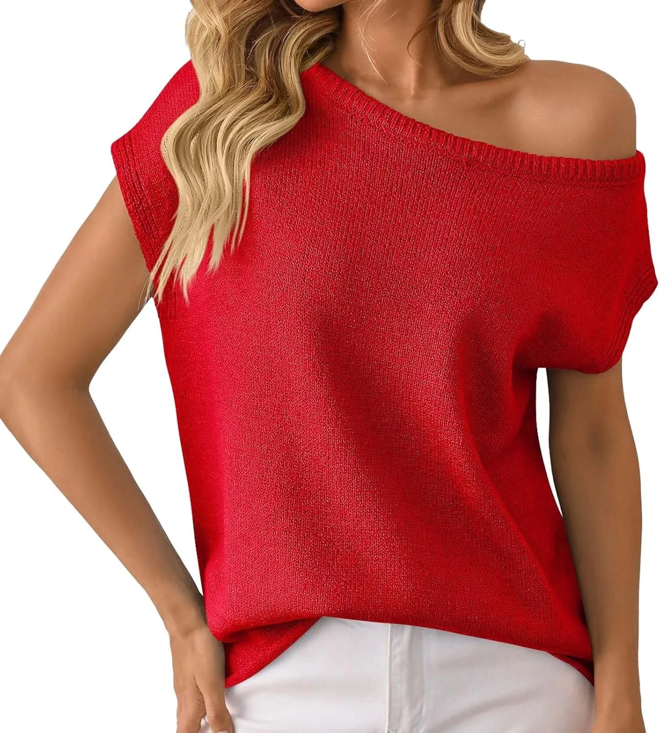 Summer Sweaters for Women Lightweight Off The Shoulder Sweater Short Sleeve Casual Oversized Knit Tops Clothes