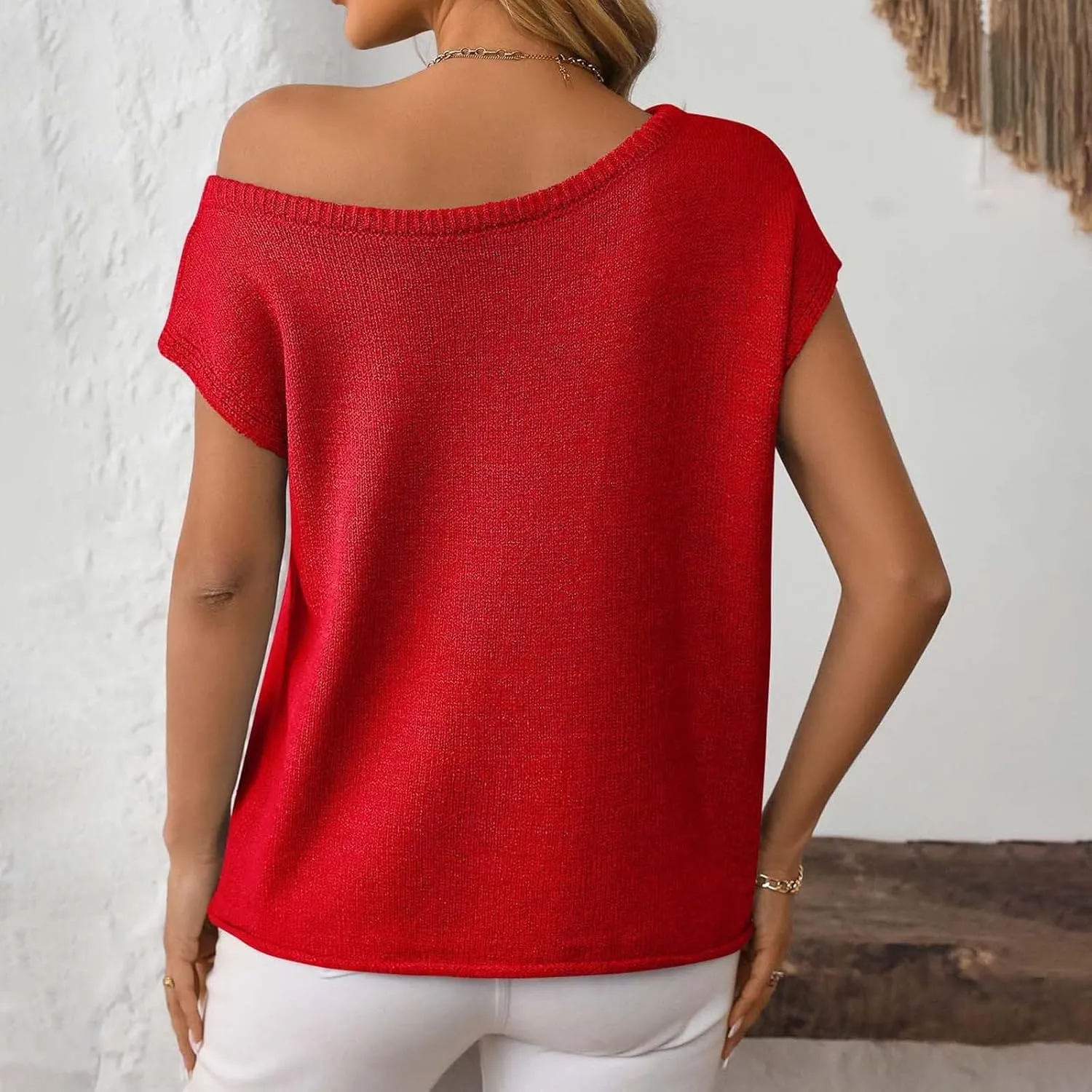 Summer Sweaters for Women Lightweight Off The Shoulder Sweater Short Sleeve Casual Oversized Knit Tops Clothes