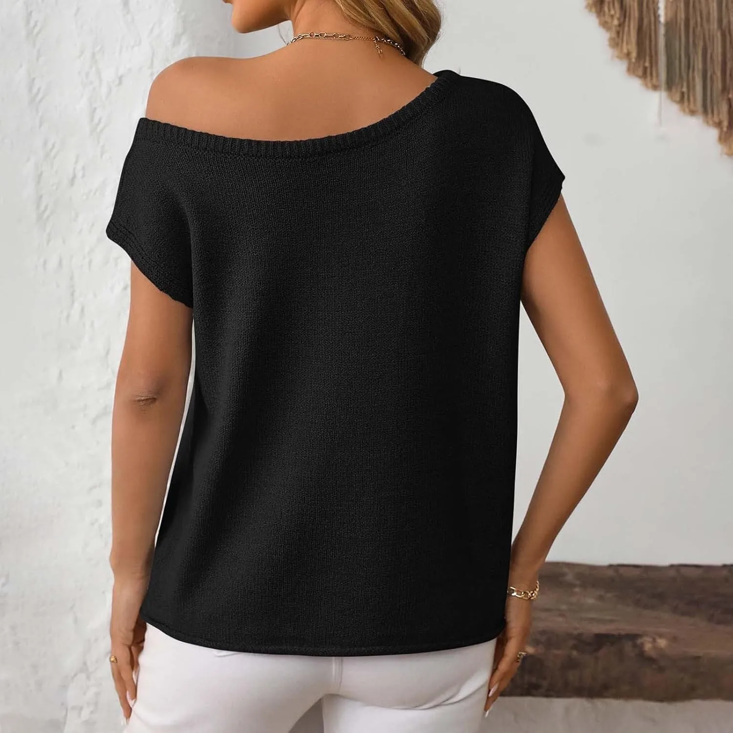 Summer Sweaters for Women Lightweight Off The Shoulder Sweater Short Sleeve Casual Oversized Knit Tops Clothes
