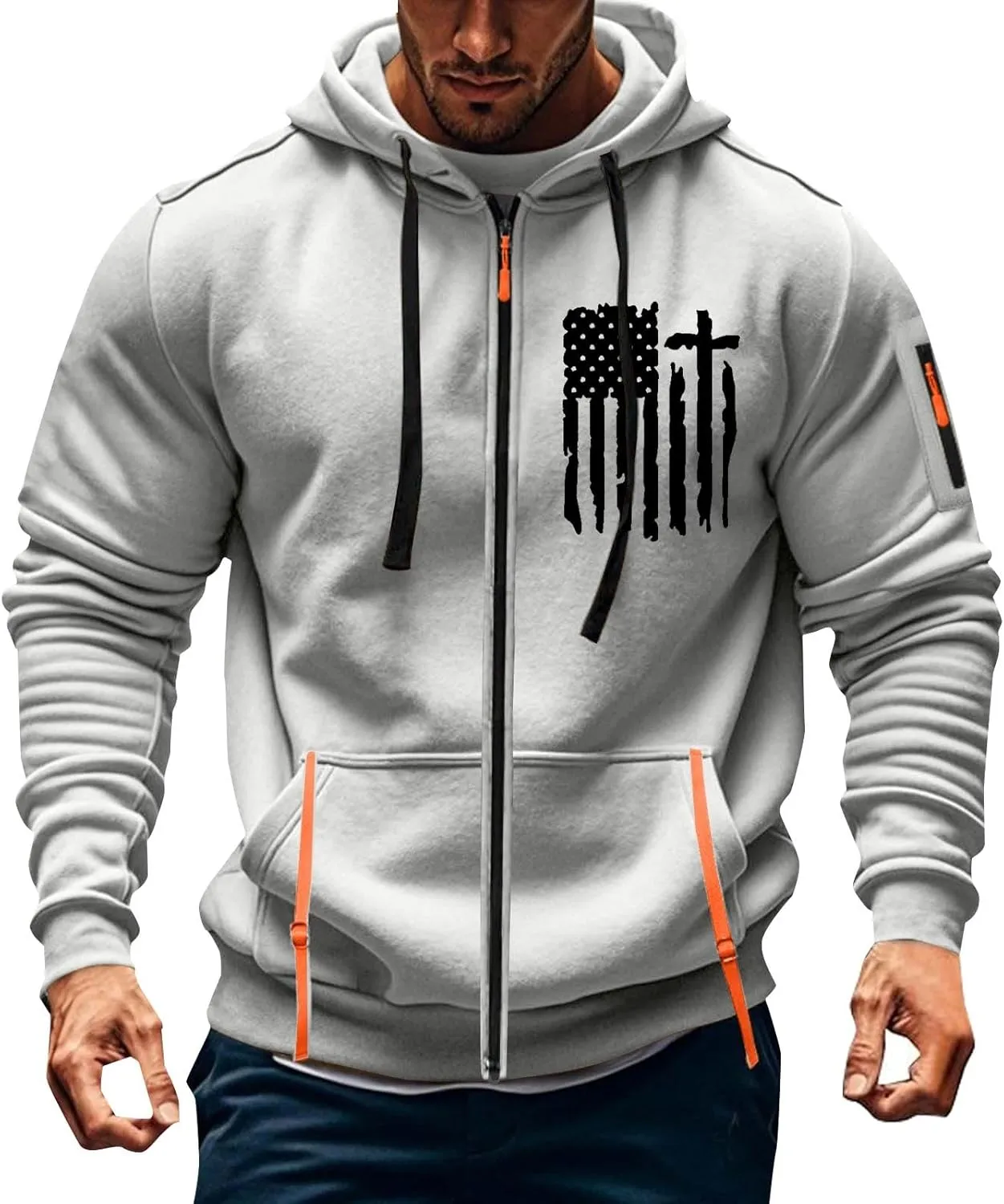 Sweatshirt Mens Zip Athletic Fashion Military Drawstring Mens Sweatshirts Stylish Gym Hoodie with Pockets