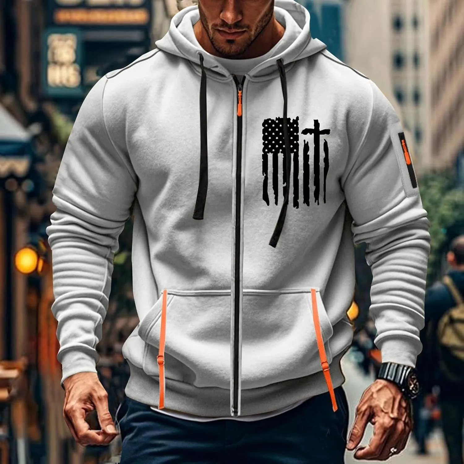 Sweatshirt Mens Zip Athletic Fashion Military Drawstring Mens Sweatshirts Stylish Gym Hoodie with Pockets