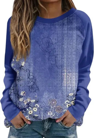 Sweatshirts for Women Crewneck Floral Print Vintage Tops Long Sleeve Casual Graphic Sweater Clothes