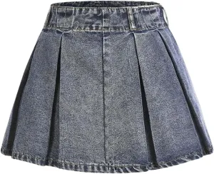 SweatyRocks Women's Casual Ruffle Pleated Denim Skirt Raw Hem Short A Line Jean Skirts