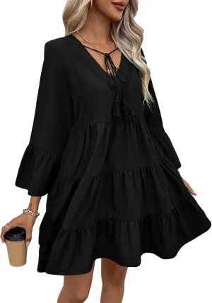 SweatyRocks Women's Long Sleeve Lace Ruffle Hem Mini Dress Solid V Neck Tunic Loose Short Dresses