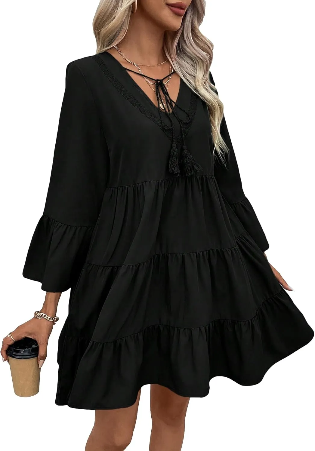 SweatyRocks Women's Long Sleeve Lace Ruffle Hem Mini Dress Solid V Neck Tunic Loose Short Dresses