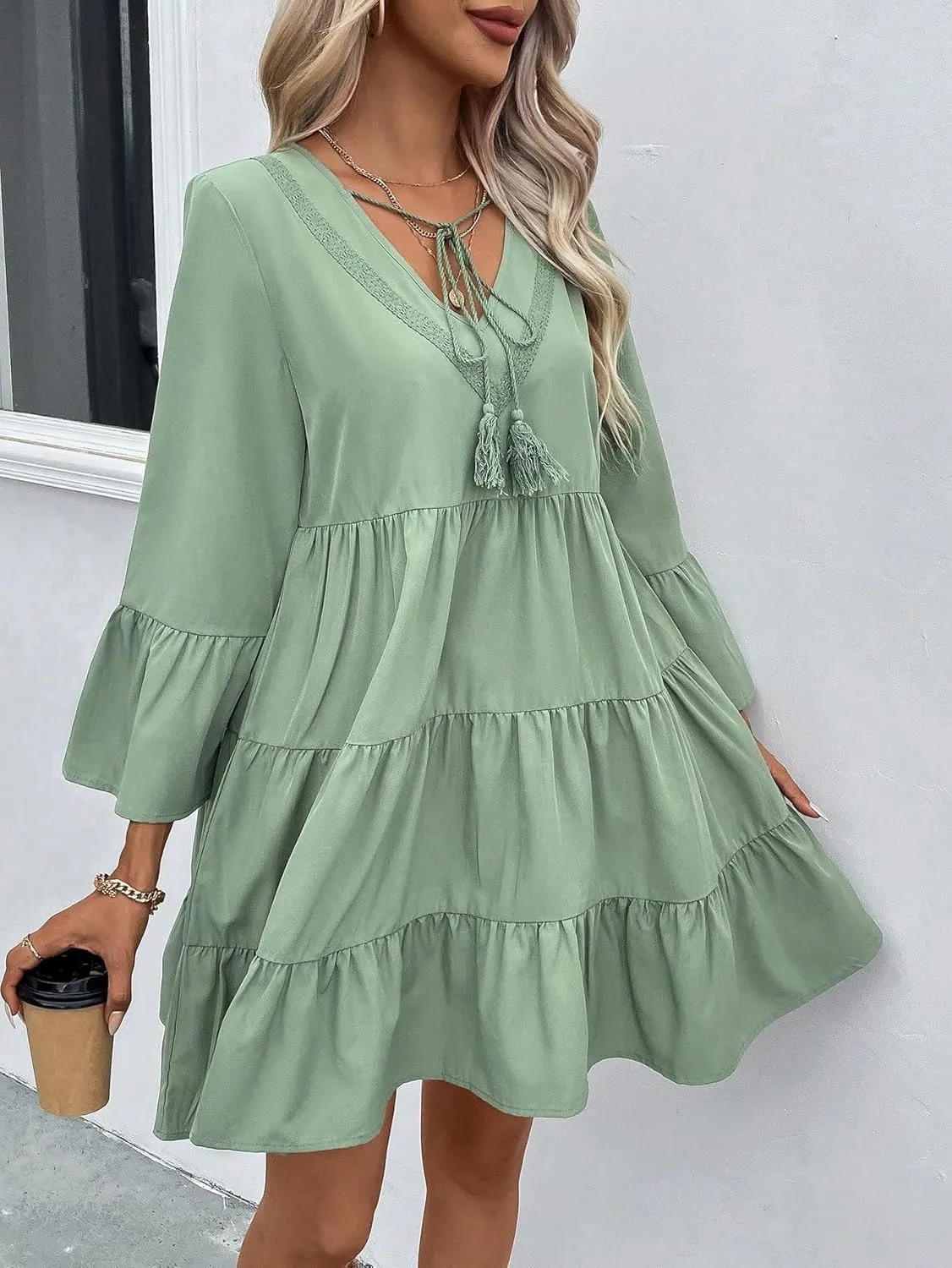 SweatyRocks Women's Long Sleeve Lace Ruffle Hem Mini Dress Solid V Neck Tunic Loose Short Dresses