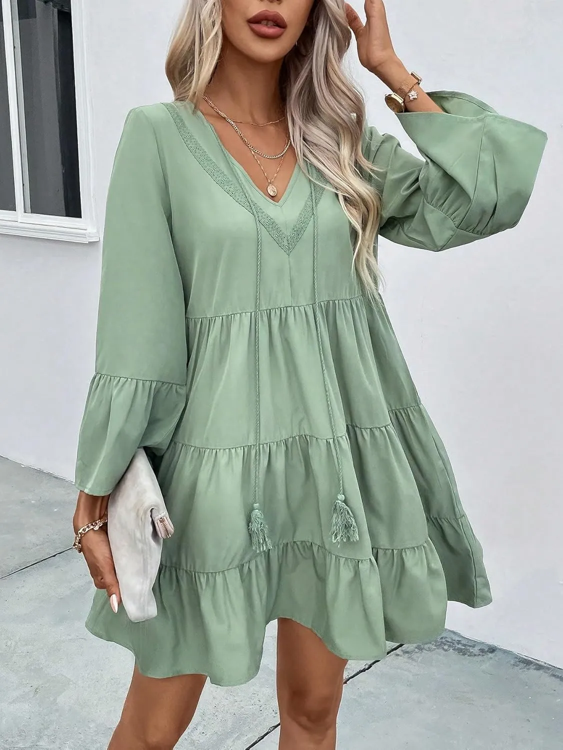SweatyRocks Women's Long Sleeve Lace Ruffle Hem Mini Dress Solid V Neck Tunic Loose Short Dresses