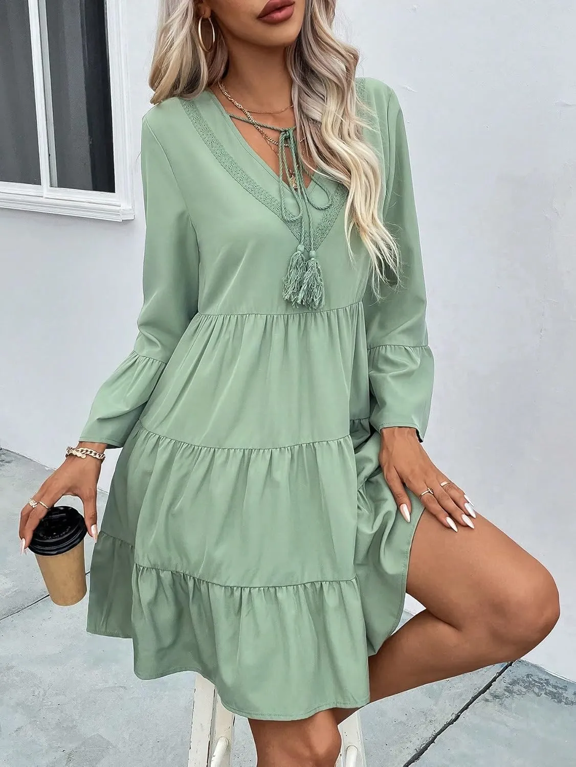 SweatyRocks Women's Long Sleeve Lace Ruffle Hem Mini Dress Solid V Neck Tunic Loose Short Dresses