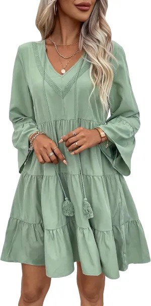 SweatyRocks Women's Long Sleeve Lace Ruffle Hem Mini Dress Solid V Neck Tunic Loose Short Dresses