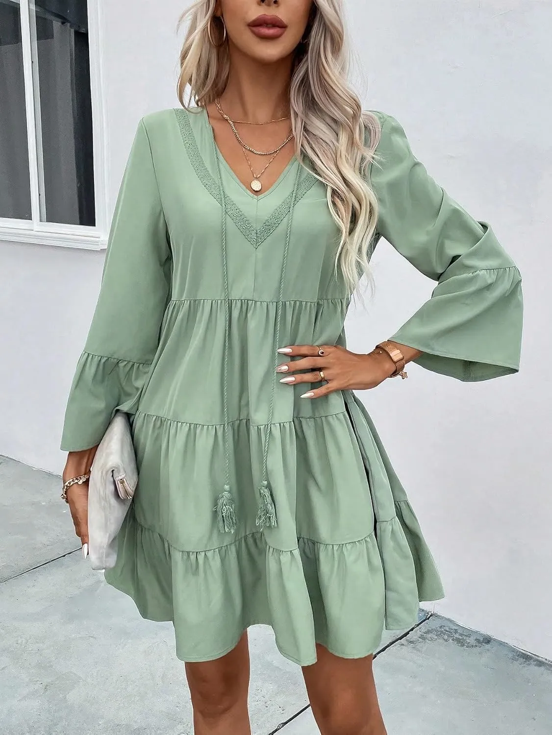 SweatyRocks Women's Long Sleeve Lace Ruffle Hem Mini Dress Solid V Neck Tunic Loose Short Dresses