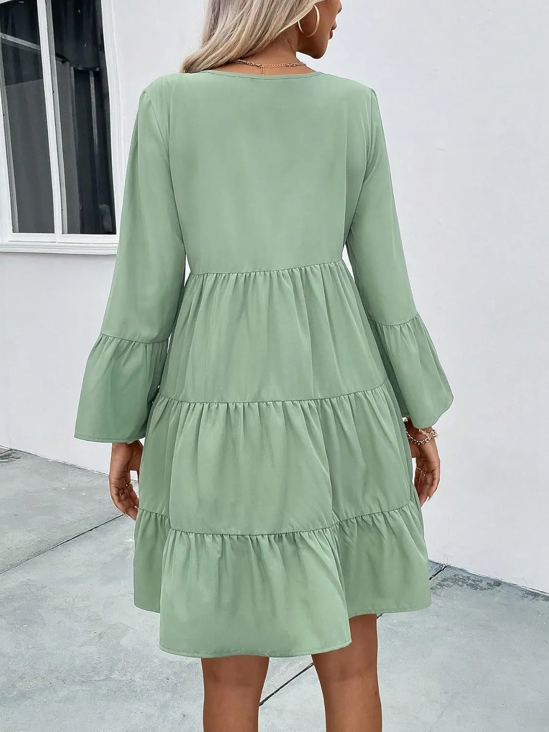 SweatyRocks Women's Long Sleeve Lace Ruffle Hem Mini Dress Solid V Neck Tunic Loose Short Dresses