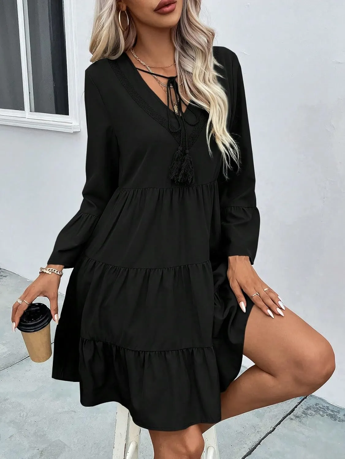 SweatyRocks Women's Long Sleeve Lace Ruffle Hem Mini Dress Solid V Neck Tunic Loose Short Dresses