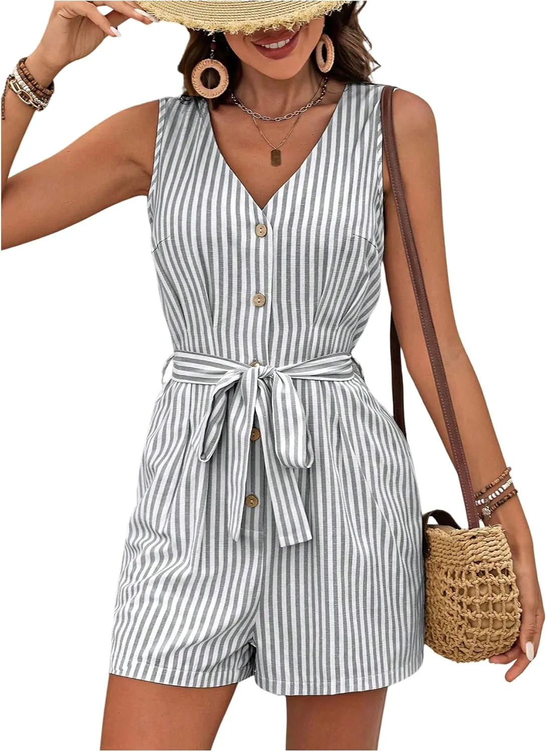 SweatyRocks Women's Short Jumpsuits Summer Striped V Neck Rompers with Pockets Workout Vacation Outfits