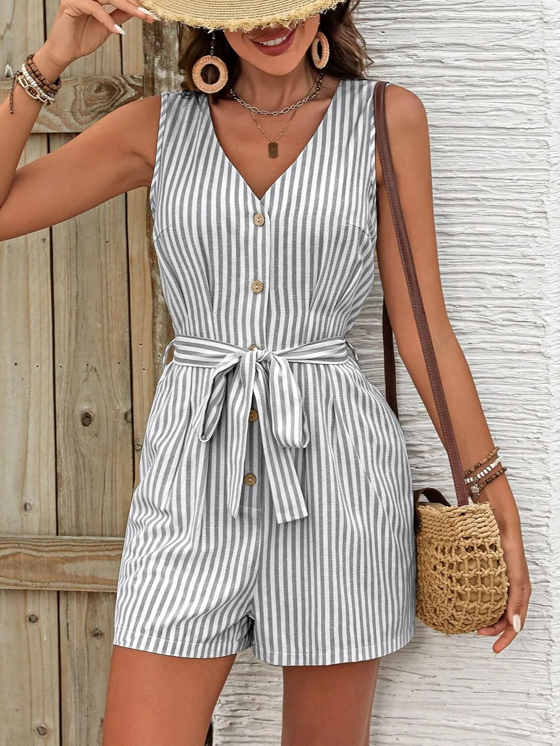 SweatyRocks Women's Short Jumpsuits Summer Striped V Neck Rompers with Pockets Workout Vacation Outfits