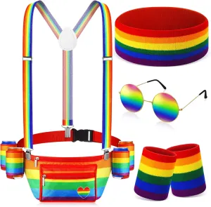 Sweetude Gay Pride Rainbow Fanny Pack Accessories Outfit Beverage Beer Belt Costume Set with Drink Holder Sunglasses Striped Sweatband Women Men