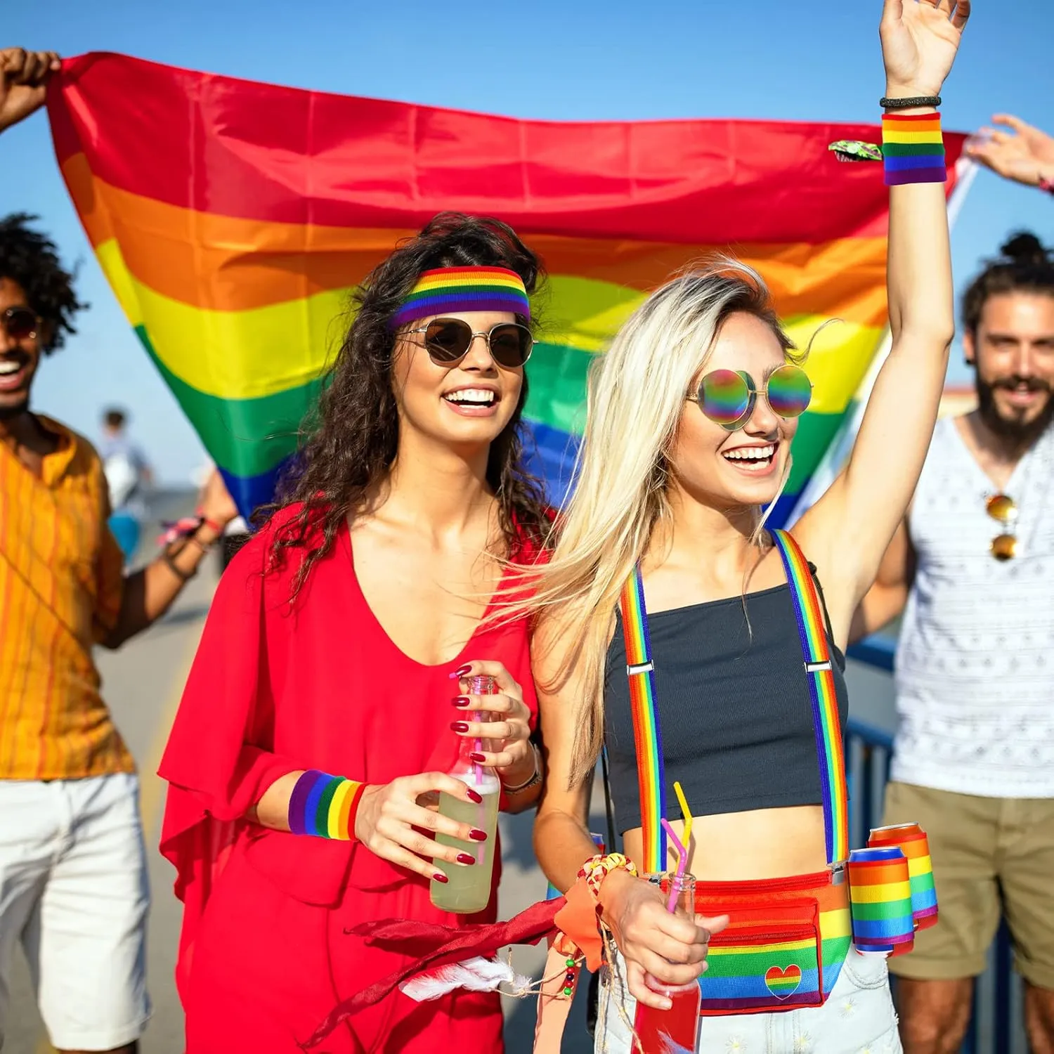 Sweetude Gay Pride Rainbow Fanny Pack Accessories Outfit Beverage Beer Belt Costume Set with Drink Holder Sunglasses Striped Sweatband Women Men