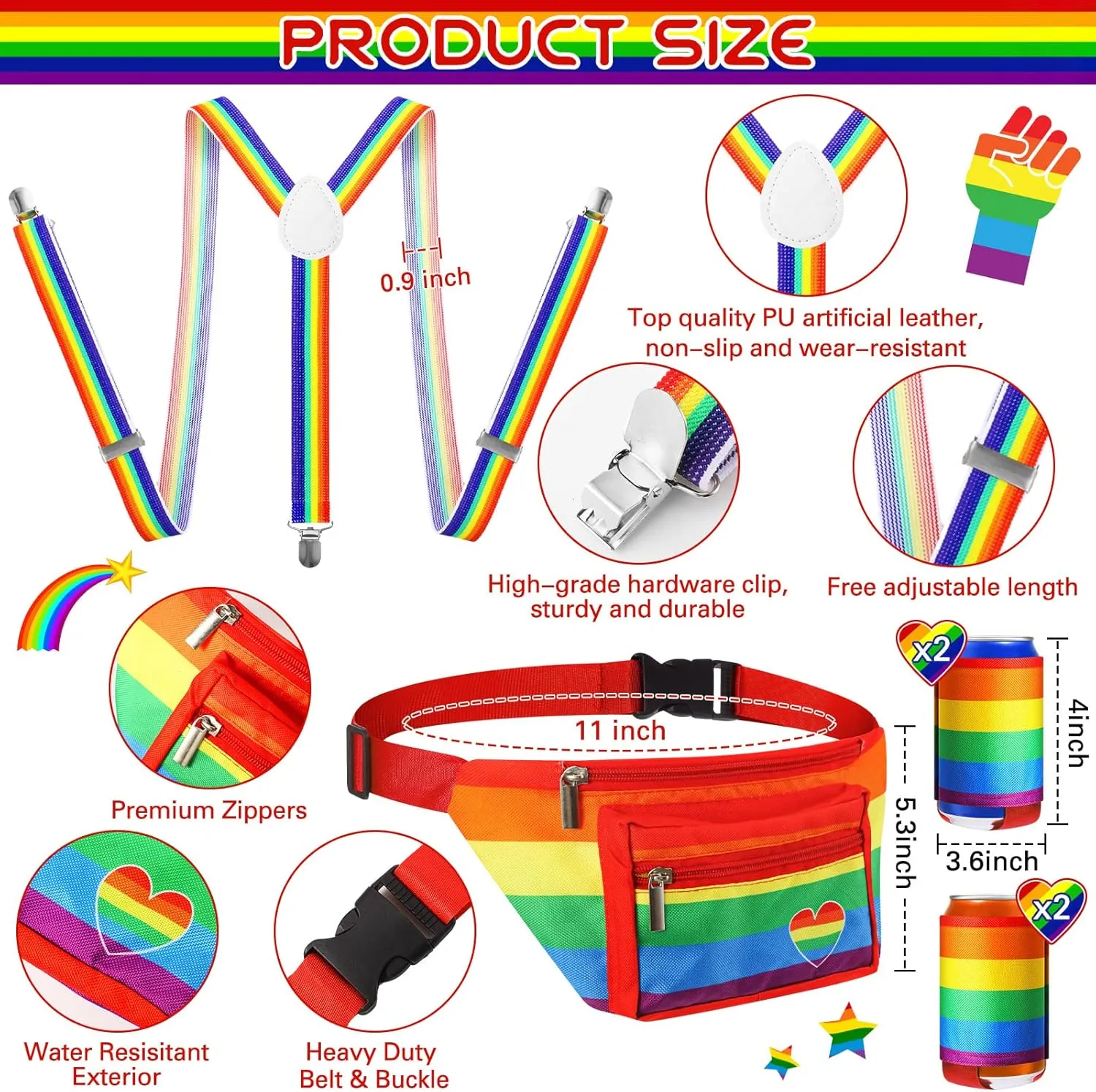 Sweetude Gay Pride Rainbow Fanny Pack Accessories Outfit Beverage Beer Belt Costume Set with Drink Holder Sunglasses Striped Sweatband Women Men