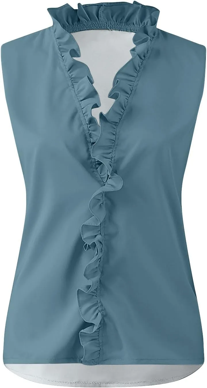 Tank Top for Women V Neck Ruffled Collared Shirts Sleeveless Tops