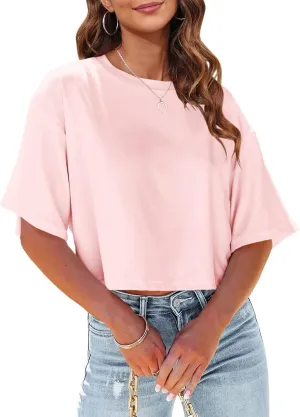 Tankaneo Women Half Sleeve Cropped T-Shirts Drop Shoulder Round Neck Crop Tops Casual Summer Solid Color Basic Tees