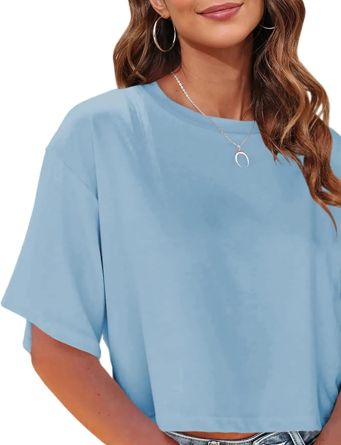 Tankaneo Women Half Sleeve Cropped T-Shirts Drop Shoulder Round Neck Crop Tops Casual Summer Solid Color Basic Tees