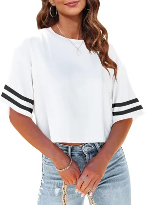 Tankaneo Women Half Sleeve Cropped T-Shirts Drop Shoulder Round Neck Crop Tops Casual Summer Solid Color Basic Tees