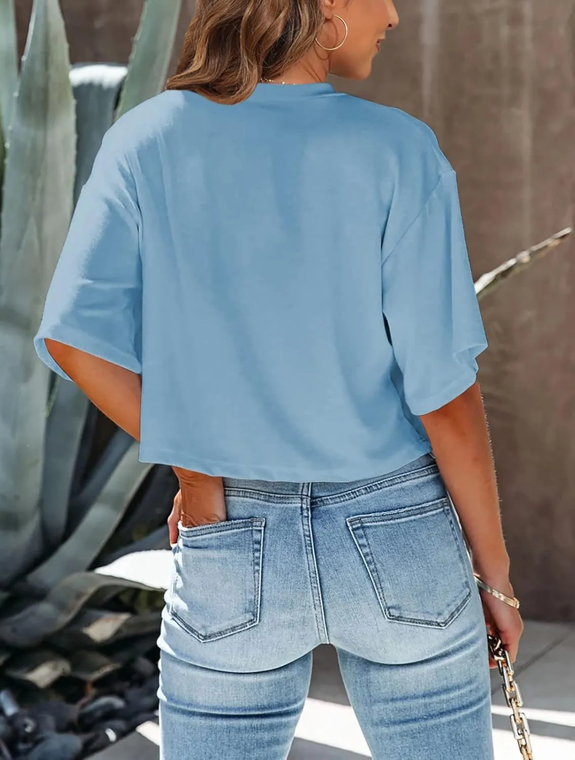 Tankaneo Women Half Sleeve Cropped T-Shirts Drop Shoulder Round Neck Crop Tops Casual Summer Solid Color Basic Tees