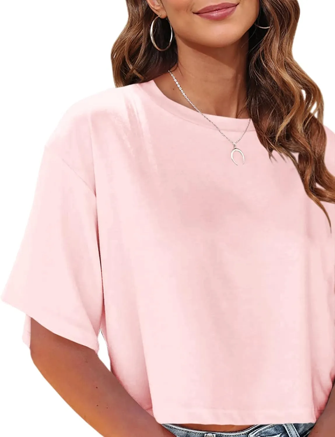Tankaneo Women Half Sleeve Cropped T-Shirts Drop Shoulder Round Neck Crop Tops Casual Summer Solid Color Basic Tees