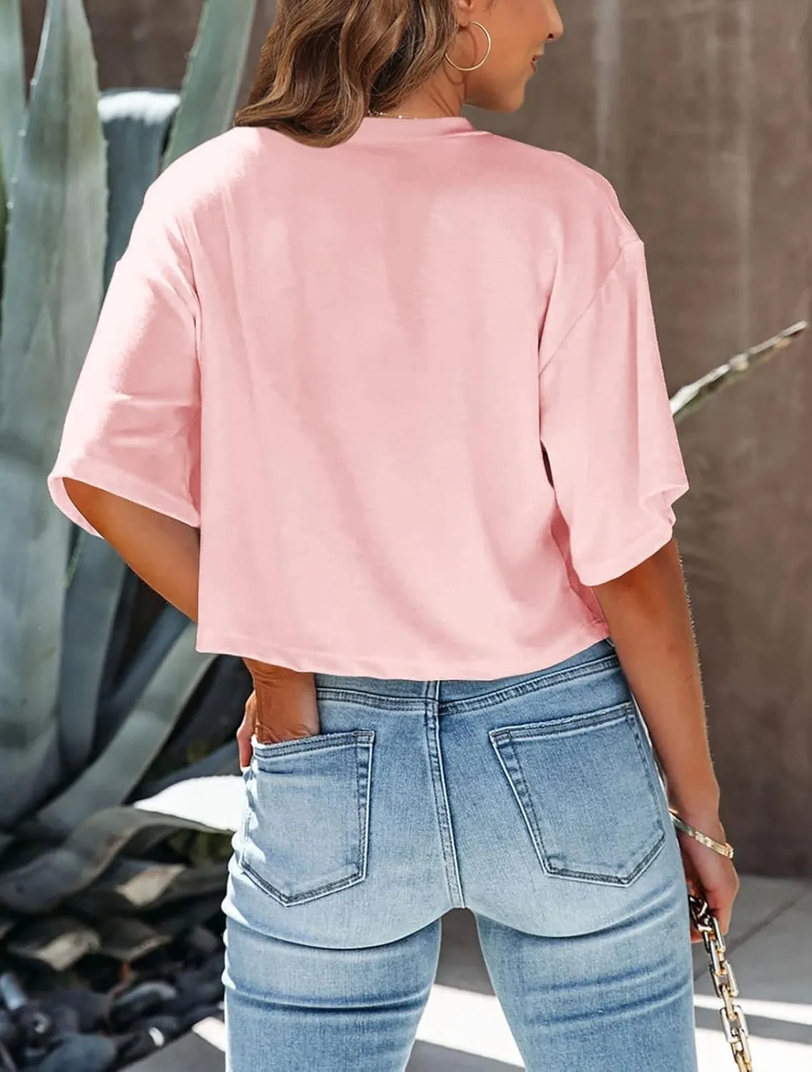 Tankaneo Women Half Sleeve Cropped T-Shirts Drop Shoulder Round Neck Crop Tops Casual Summer Solid Color Basic Tees