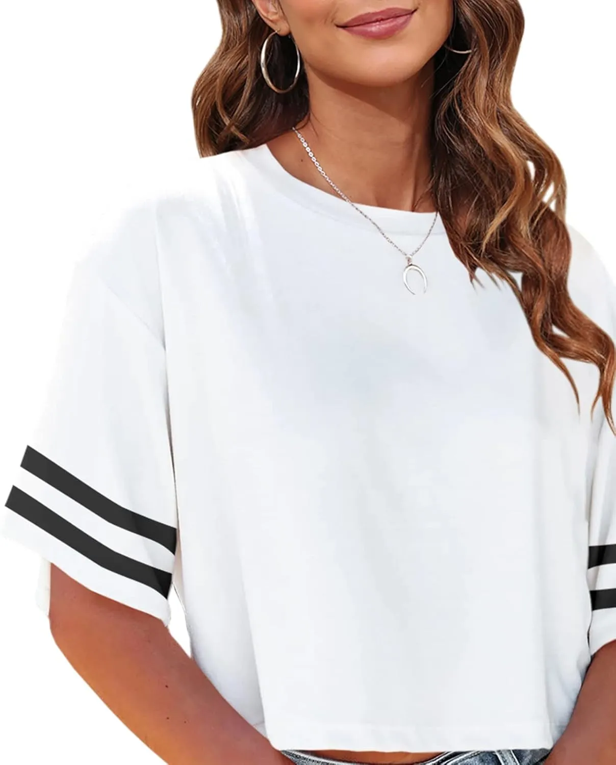 Tankaneo Women Half Sleeve Cropped T-Shirts Drop Shoulder Round Neck Crop Tops Casual Summer Solid Color Basic Tees